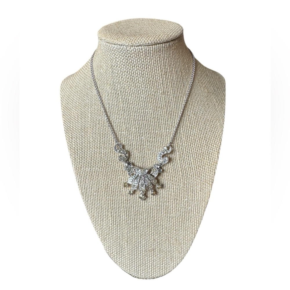 Vintage Silver and Yellow Rhinestone Art Deco Necklace
